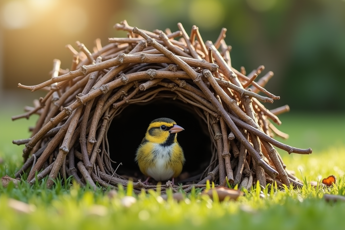 Abri naturel en branches avec un moineau curieux à l intérieur