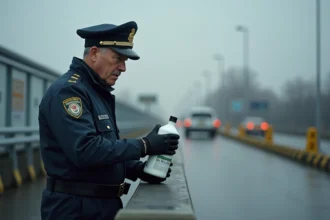 Agent des douanes inspectant une bouteille de glyphosate d'un litre à un poste frontière européen