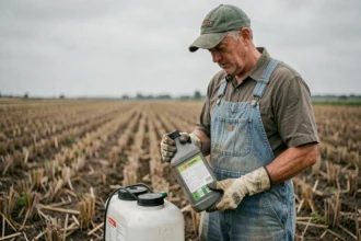 Agriculteur lisant l'étiquette d'un herbicide à base de glyphosate avant de préparer sa solution de traitement dans un pulvérisateur de jardin