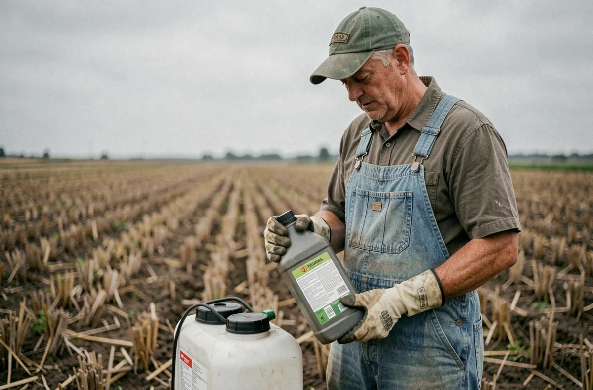 Agriculteur lisant l'étiquette d'un herbicide à base de glyphosate avant de préparer sa solution de traitement dans un pulvérisateur de jardin