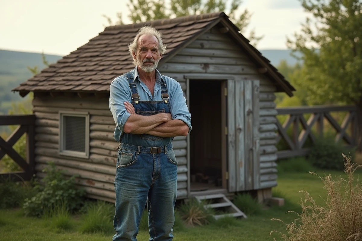 Agriculteur debout devant un poulailler en bois dans un jardin rural français, illustrant le contrôle fiscal des poulaillers par les mairies