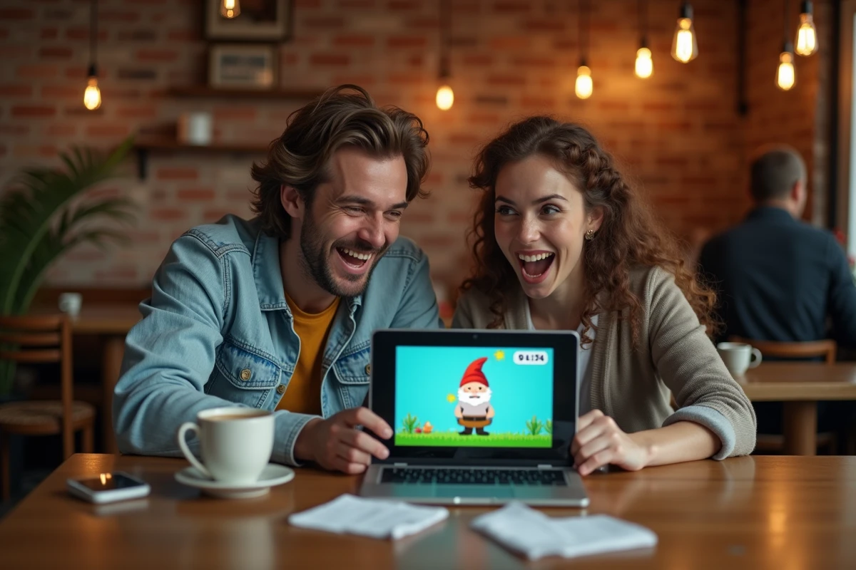 Deux amis réagissant à un nouveau record sur le jeu du nain de jardin Google dans un café urbain