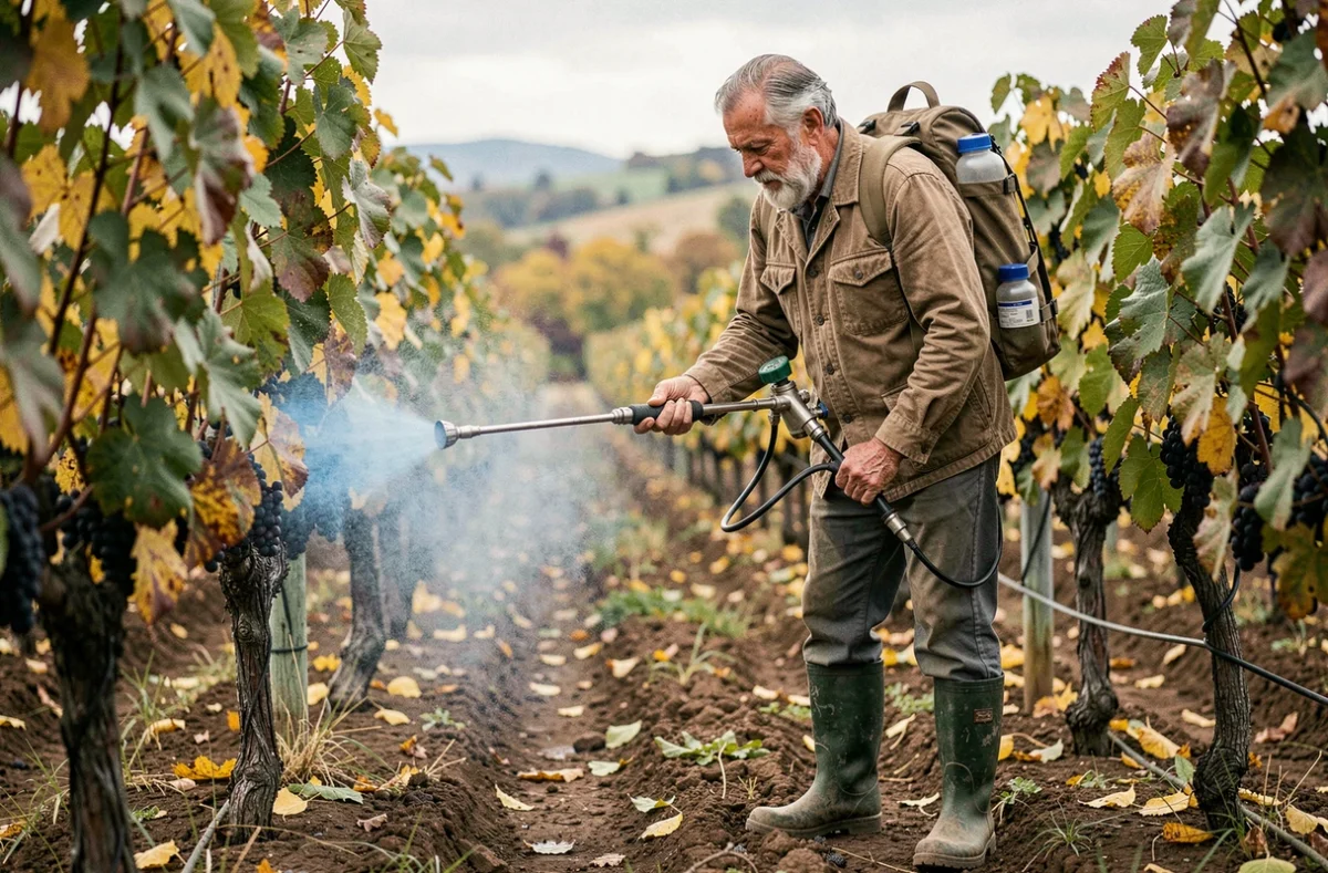 Viticulteur appliquant la bouillie bordelaise sur les vignes avec un pulvérisateur à dos dans un vignoble en automne