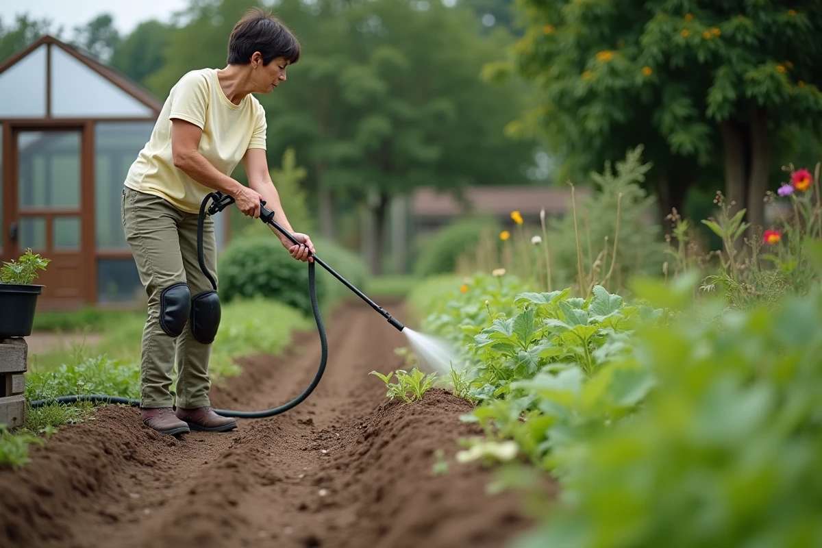 Femme appliquant un désherbant total au pulvérisateur sur des mauvaises herbes entre les rangs d'un potager avant semis