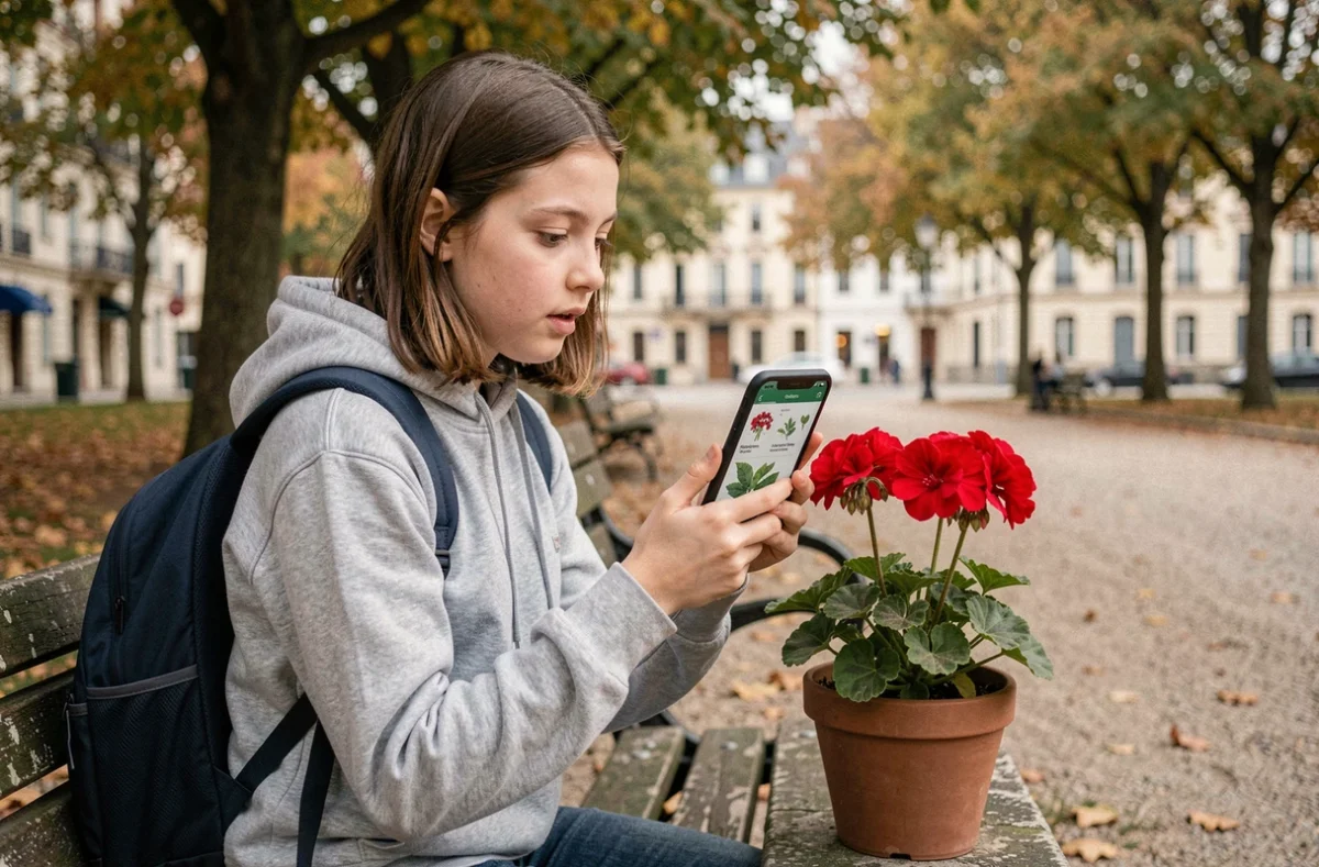 Jeune fille utilisant une application d'identification de plantes sur son smartphone dans un parc urbain