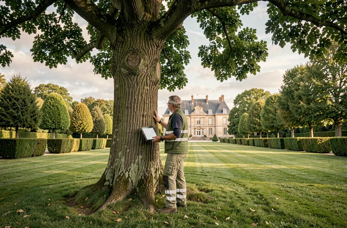 Arboriste d'Arboréa inspectant un chêne centenaire dans un grand domaine paysager proche de Lyon