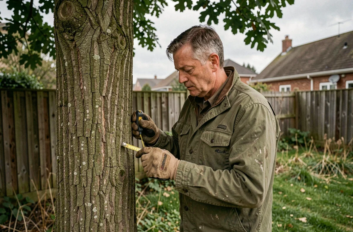 Arboriste professionnel mesurant un grand chêne dans un jardin résidentiel avant une demande d'autorisation d'abattage