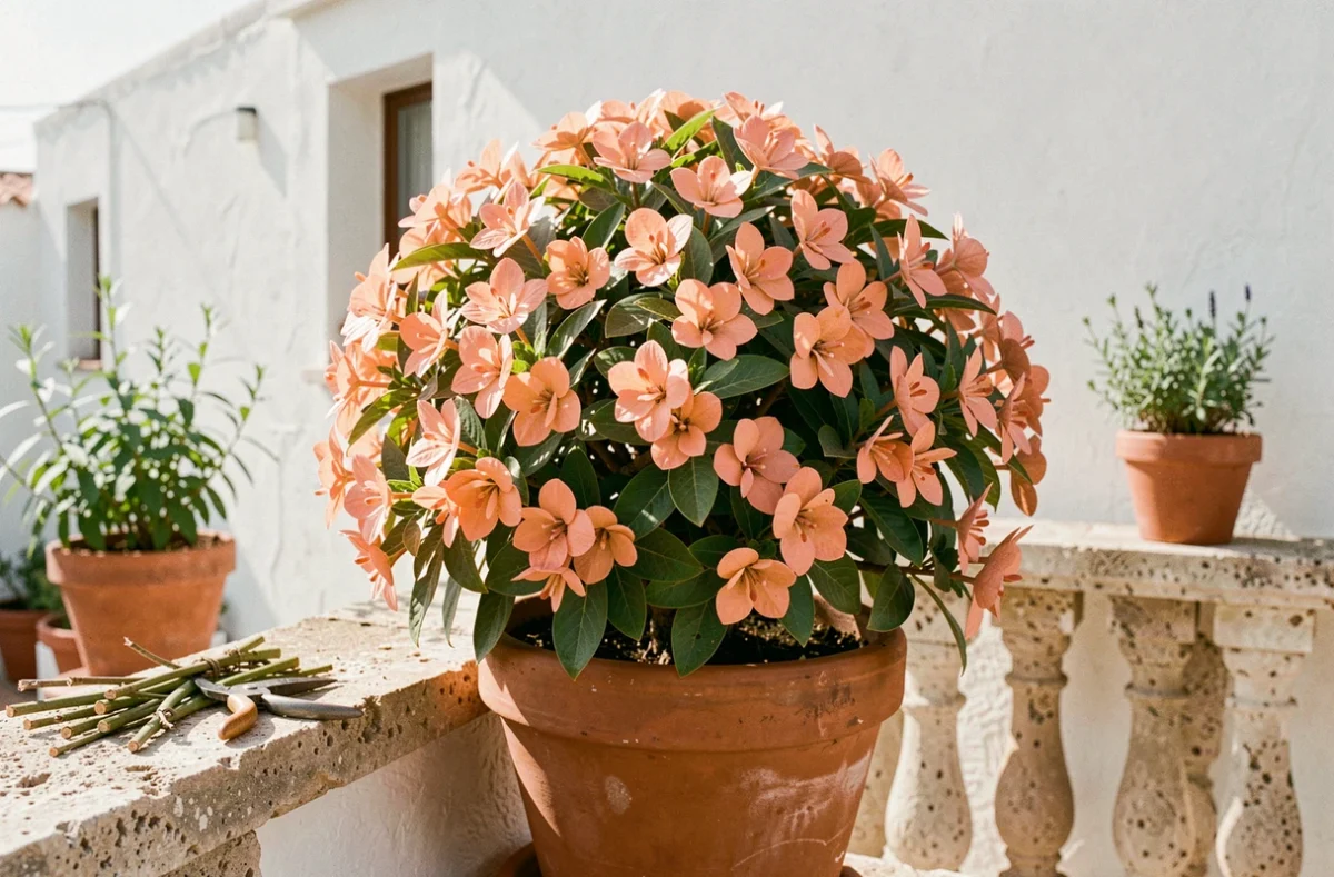 Arbre à crevette bien taillé en pot sur un balcon avec sécateur et tiges coupées posés à côté