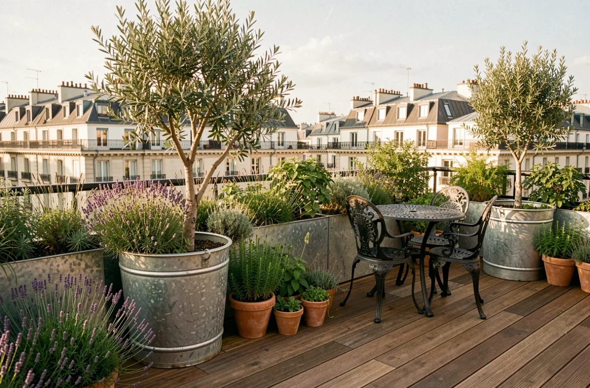 Terrasse parisienne sur mesure créée par Art du Jardin avec oliviers en zinc vieilli, lavandes, potager en terrasse et mobilier en teck