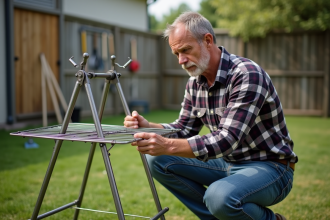 Homme en chemise à carreaux assemble support barbecue en métal
