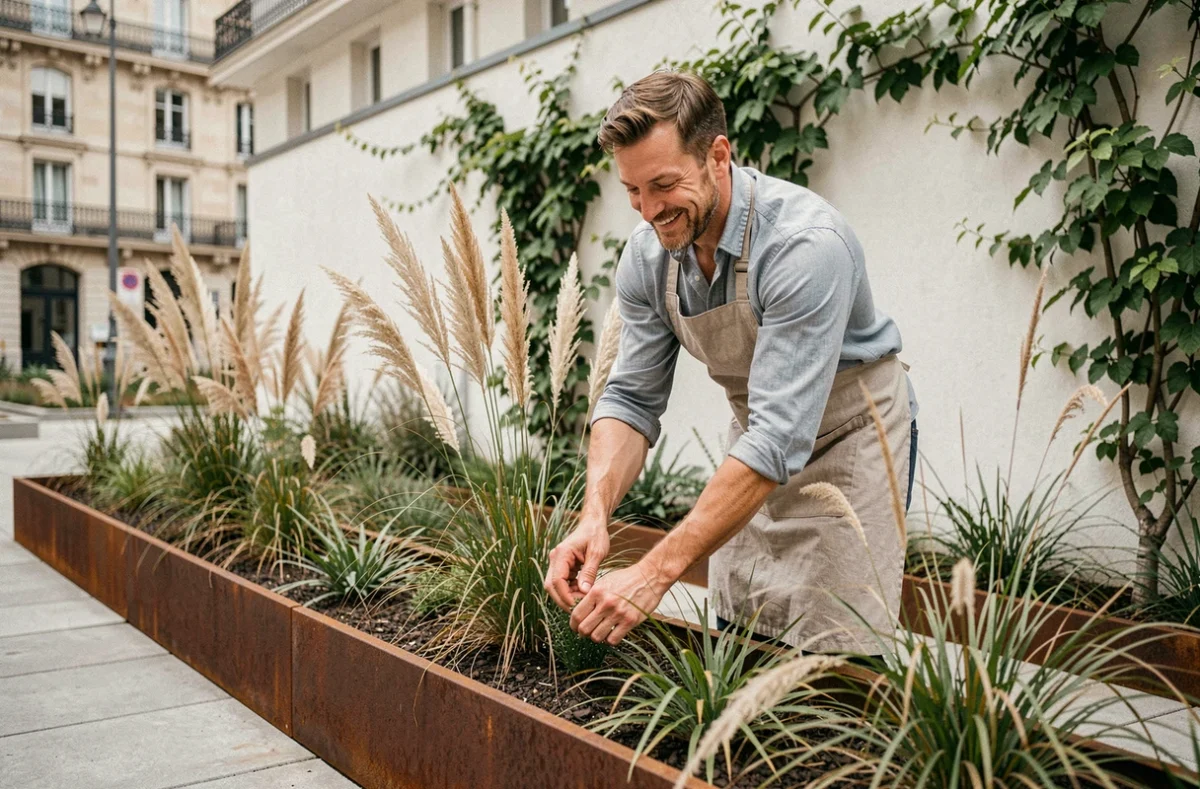 Paysagiste de l'Atelier Papyrus arrangeant des plantes ornementales dans un jardin contemporain urbain à Lyon