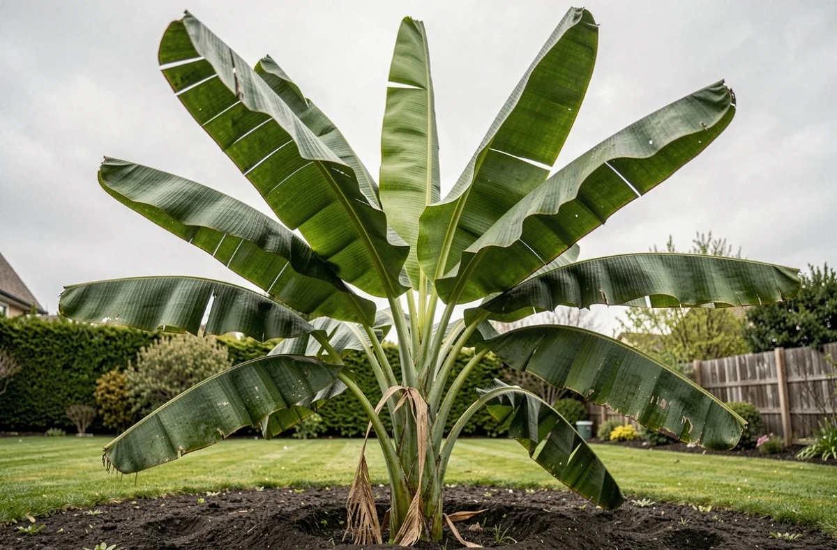 Bananier luxuriant au printemps avec de grandes feuilles vertes déployées dans un jardin bien entretenu