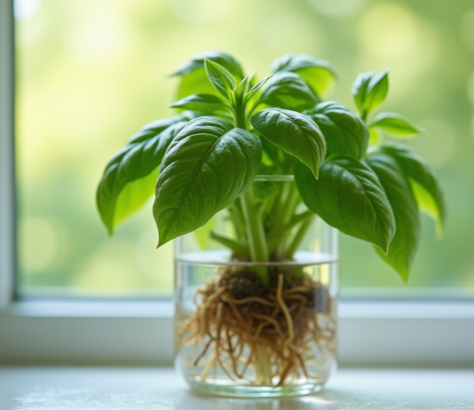 Les secrets d’une bouture de basilic réussie Basilic frais avec racines dans l'eau lumineuse