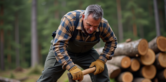 Bois le plus dur à fendre : astuces pour l’exploiter efficacement Homme d'âge moyen coupant un bois dur en forêt avec une hache