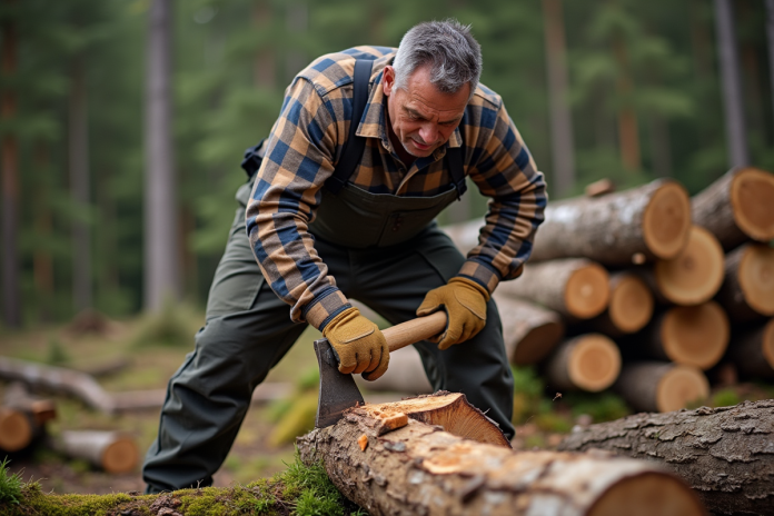bcheron-coupe-bois-dense Homme d'âge moyen coupant un bois dur en forêt avec une hache