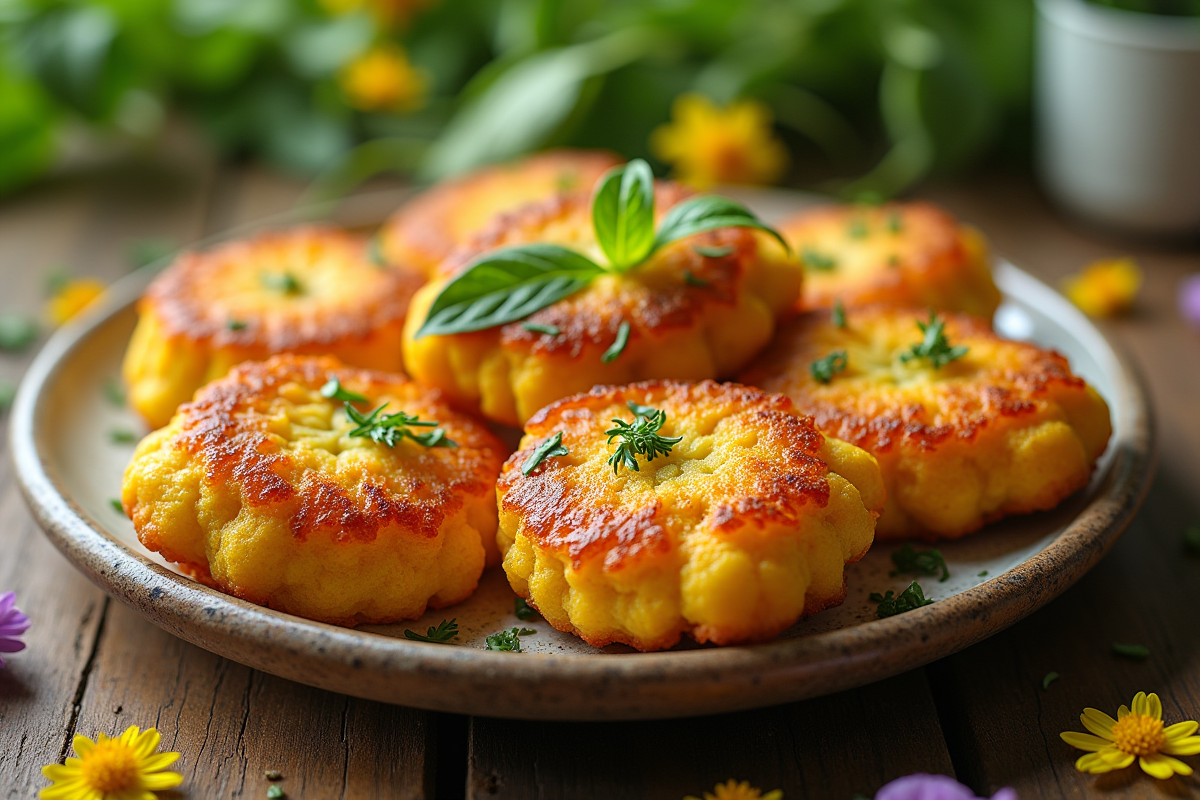 Beignets de fleurs de zucchini dorés sur une assiette rustique
