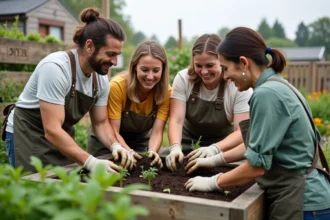 Groupe de bénévoles plantant des légumes ensemble dans un jardin associatif urbain avec des carrés potagers en bois