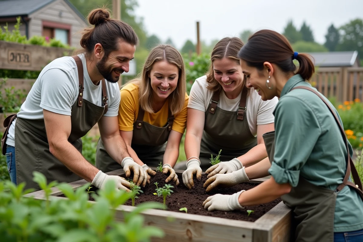 Groupe de bénévoles plantant des légumes ensemble dans un jardin associatif urbain avec des carrés potagers en bois