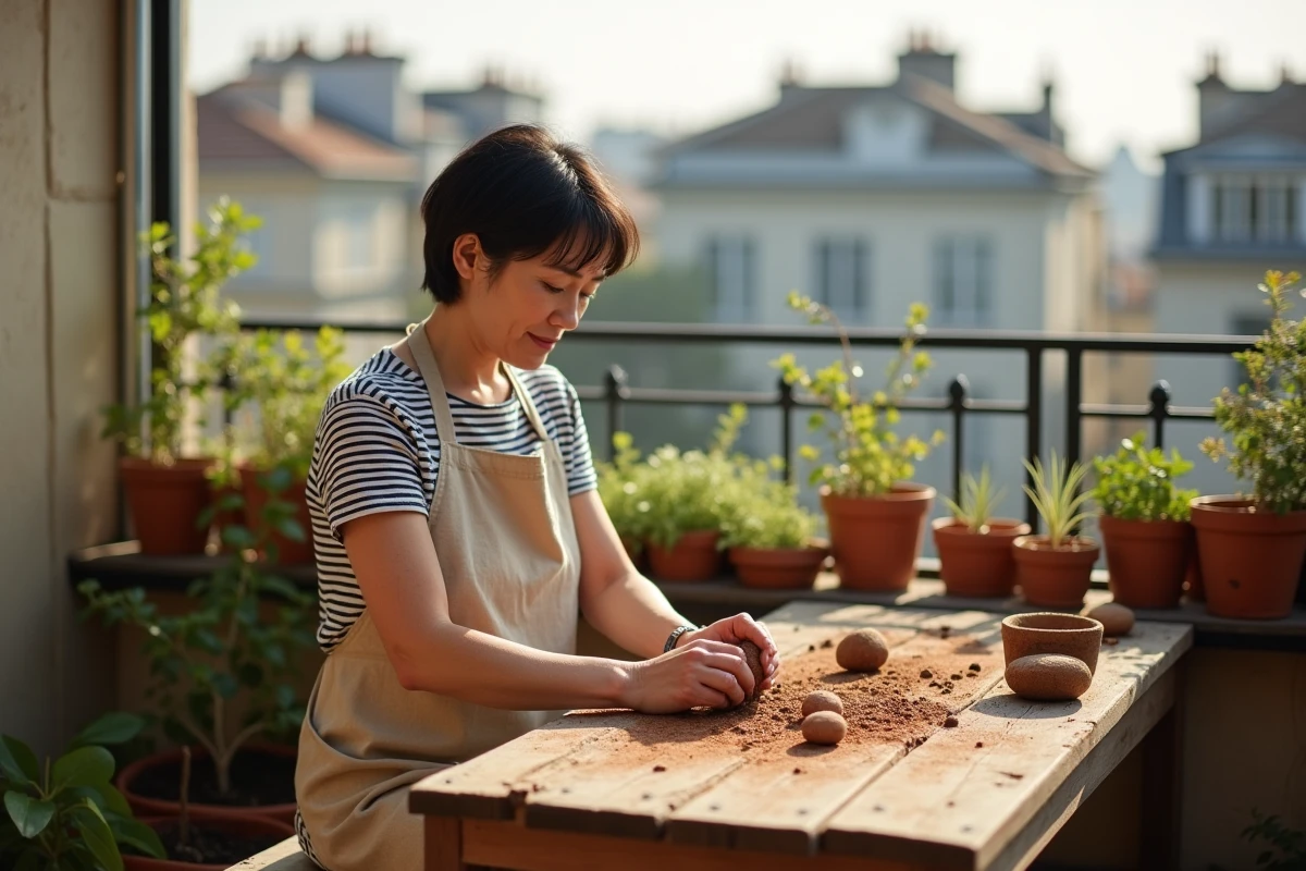 Jardinière urbaine roulant des billes d'argile sur un balcon parisien avec des plantes en pot et toits en arrière-plan