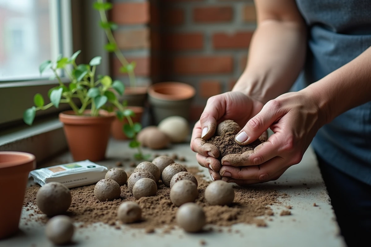 Gros plan sur des mains tenant des billes d'argile sur un rebord de fenêtre avec outils de jardinage urbain
