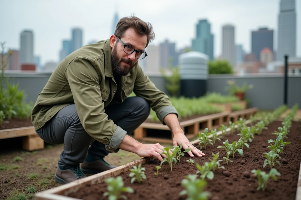 Homme jardinant sur un toit urbain partagé en insérant des billes d'argile dans un potager surélevé