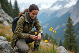 Botaniste femme examinant des fleurs de montagne en alpage