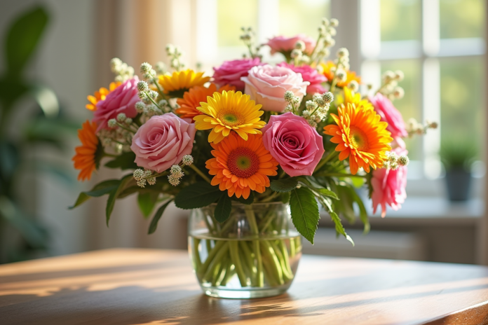 Bouquet coloré de fleurs F dans un vase en lumière naturelle
