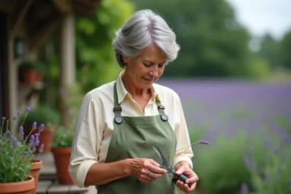 Femme qui bouture une tige de lavande avec un sécateur dans un jardin rustique français