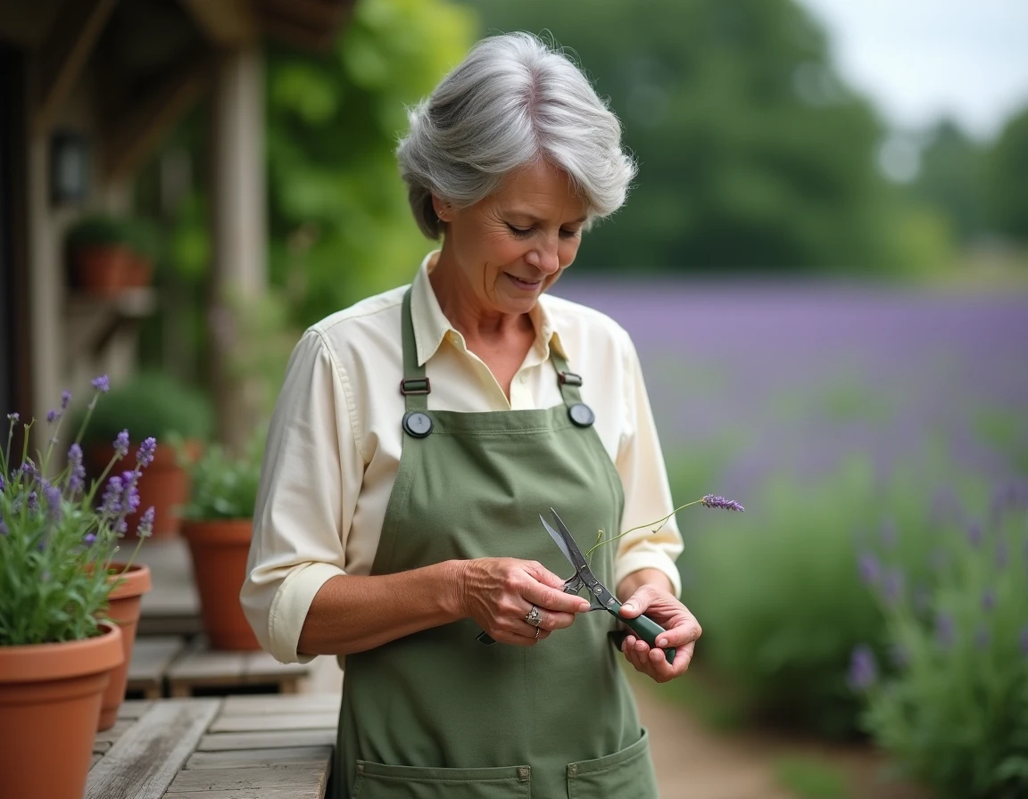Femme qui bouture une tige de lavande avec un sécateur dans un jardin rustique français