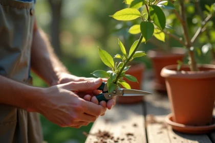 Mains d'un jardinier réalisant une bouture de laurier rose avec un sécateur sur une table de rempotage en bois