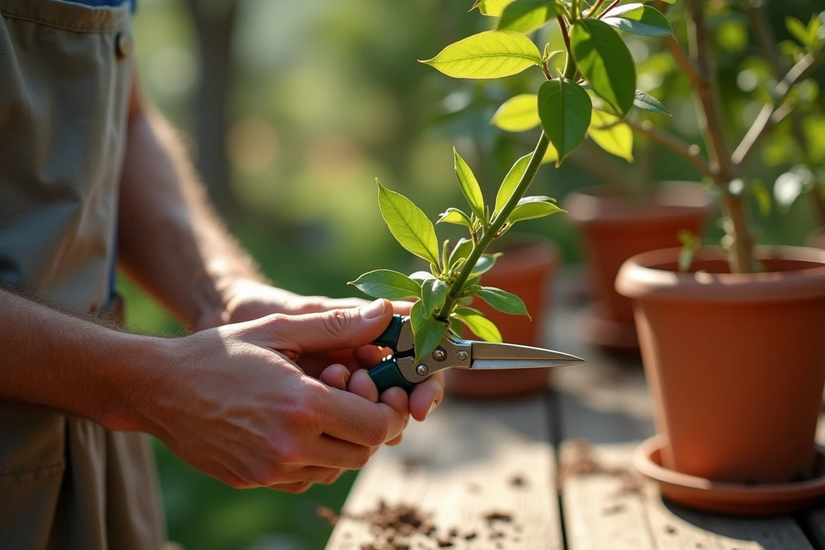 Mains d'un jardinier réalisant une bouture de laurier rose avec un sécateur sur une table de rempotage en bois