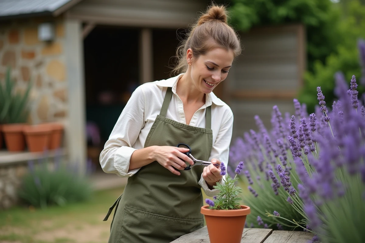 Femme qui taille une bouture de lavande avec des ciseaux sur un établi de jardin en bois patiné