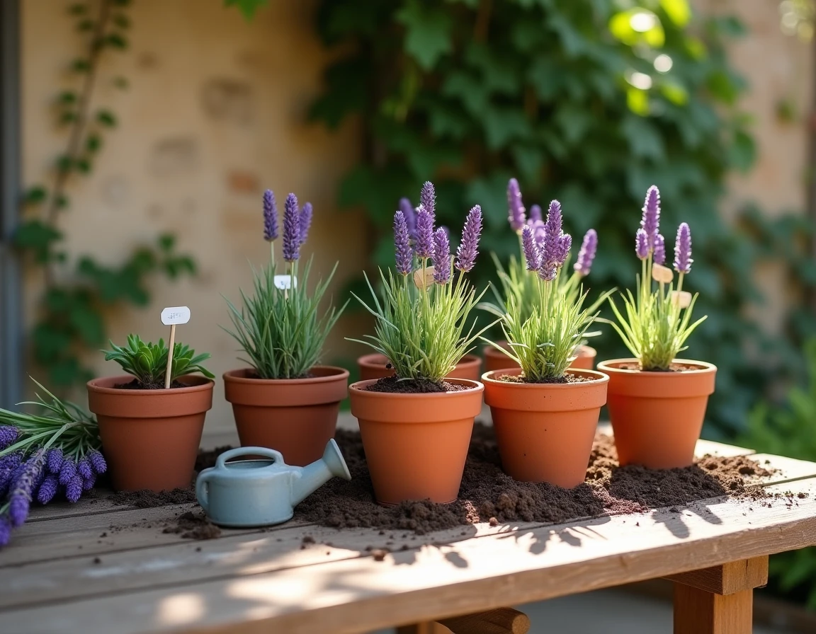 Boutures de lavande en pots en terre cuite sur une table de jardin en bois avec étiquettes et terreau