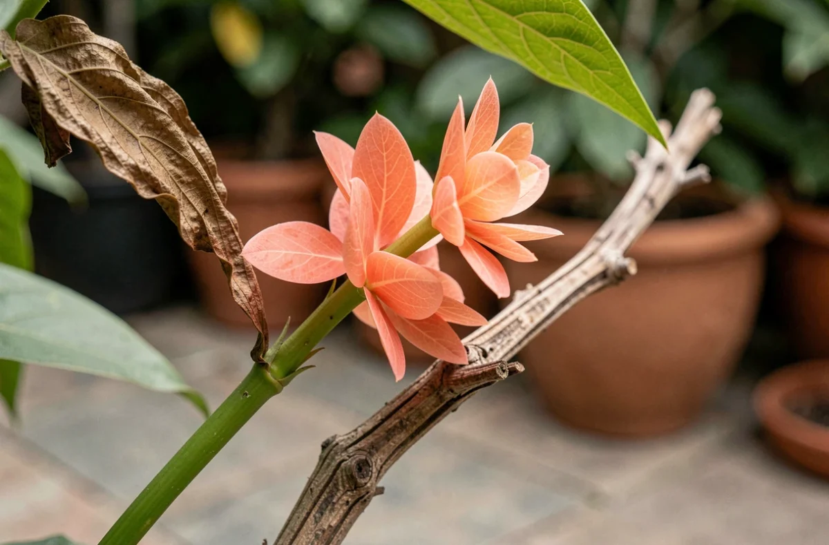 Gros plan sur une branche sèche et une branche saine d'arbre à crevette avec bractées roses