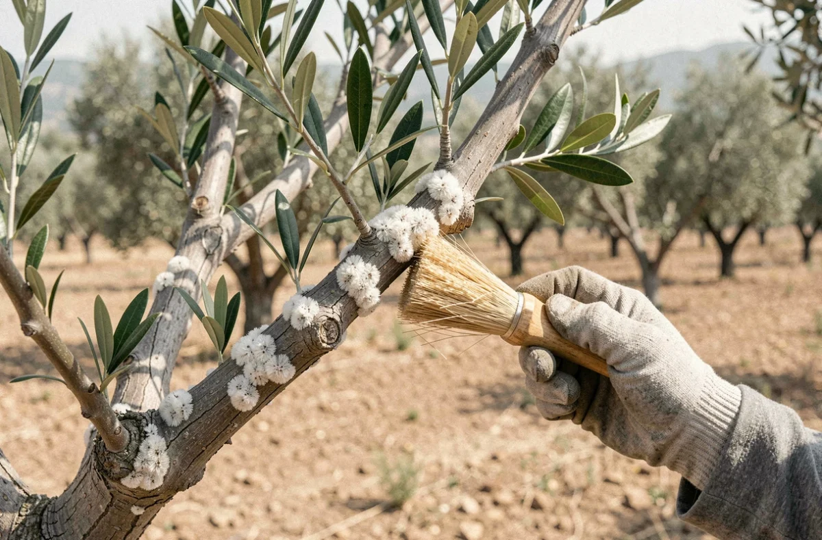 Gros plan sur des branches d'olivier infestées de cochenilles dans un verger méditerranéen traitement manuel