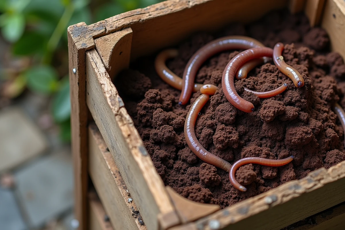 Caisse en bois de compost avec vers de terre vivants pour appâts naturels de pêche