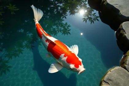 Carpe Koï Kohaku premium nageant dans un bassin japonais aux reflets dorés, avec des écailles d'une clarté exceptionnelle illustrant la qualité génétique