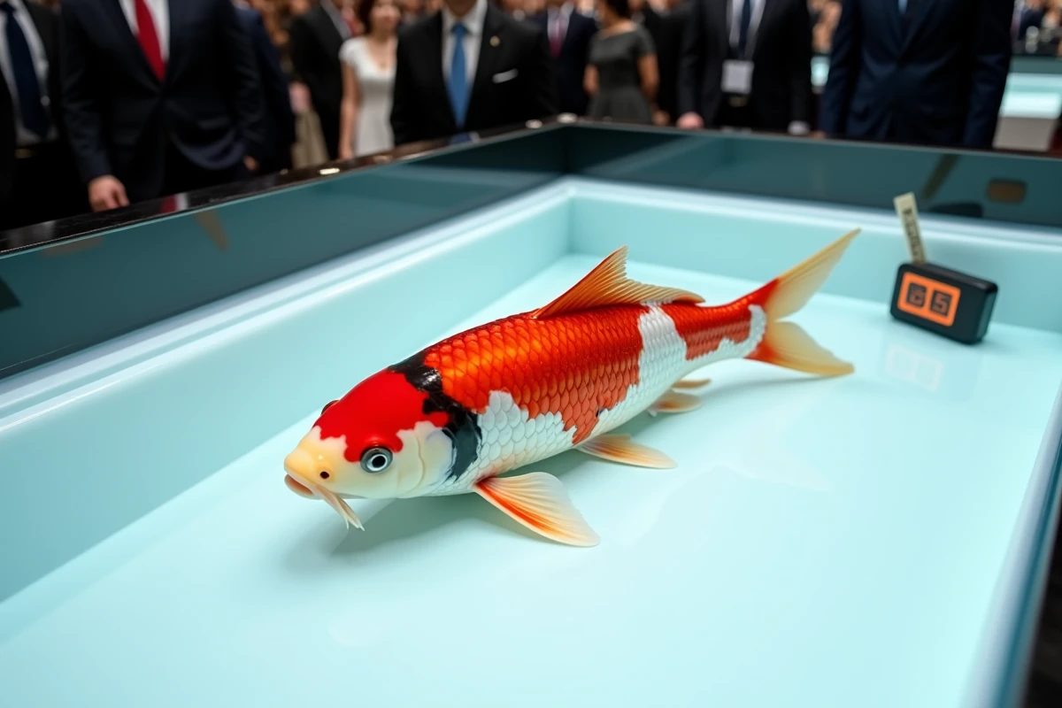 Carpe Koï Taisho Sanke de compétition présentée dans un bassin d'exposition blanc lors d'une vente aux enchères premium, illustrant l'investissement lié à la génétique sélective
