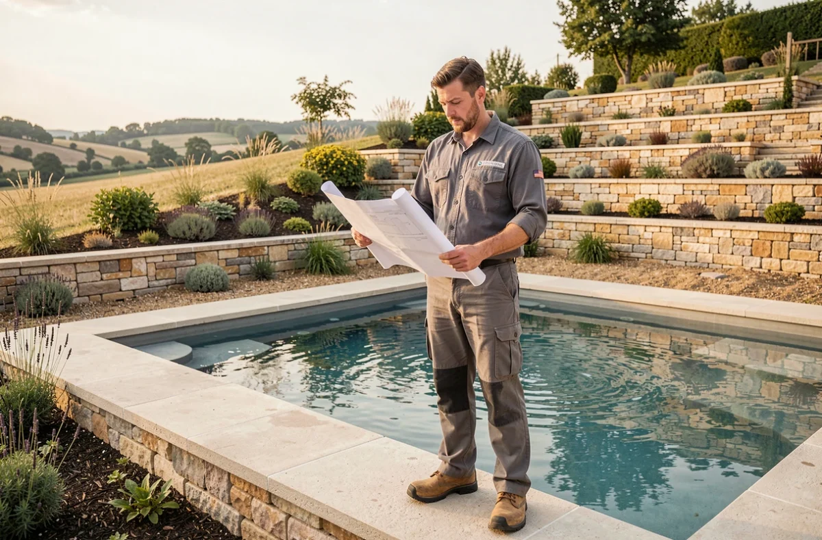 Professionnel de Chabrat Paysage Piscine inspectant une piscine intégrée dans un jardin en terrasses en Côte-d'Or