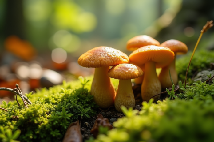 Champignons de chanterelle et girolle dans la forêt verte