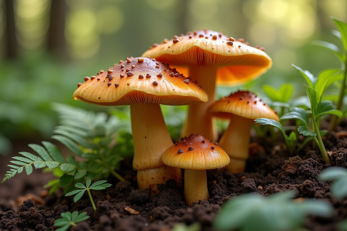 Champignons mûrs dans un jardin avec sol humide et fougères