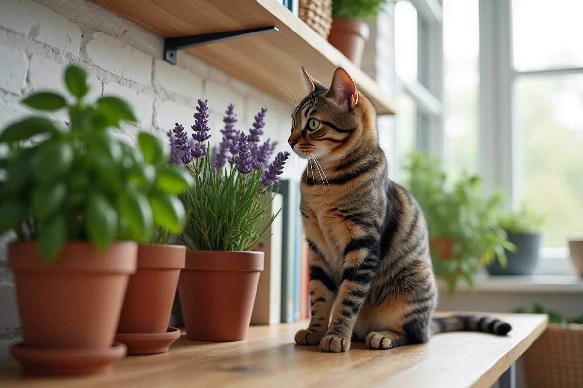 Chat tabby reniflant des plantes aromatiques anti-mouches en pot sur une étagère murale dans un salon