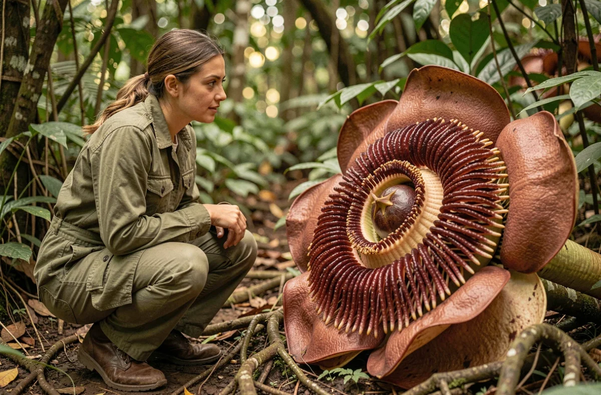 Chercheuse en tenue de terrain observant une fleur Rafflesia géante dans la jungle, expression d'émerveillement naturel