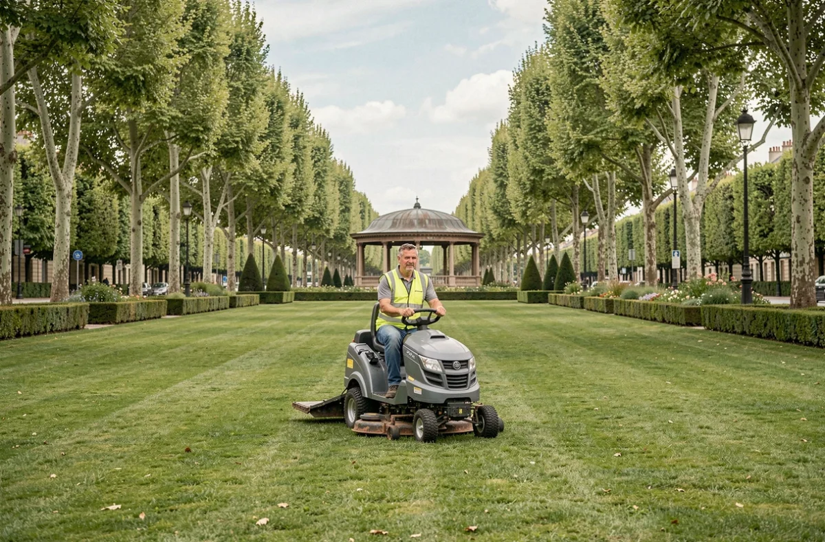 Agent d'entretien de Cherin Espaces Verts SAS tondant un grand espace vert municipal dans le Rhône avec une tondeuse autoportée