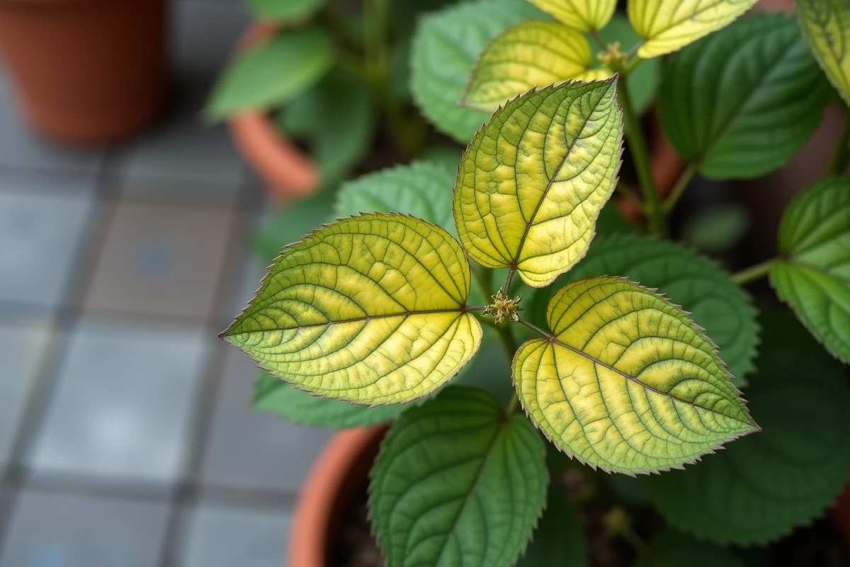 Gros plan sur des feuilles d'hortensia en pot présentant une chlorose interveineuse, jaunissement typique dû au manque d'eau ou excès de soleil