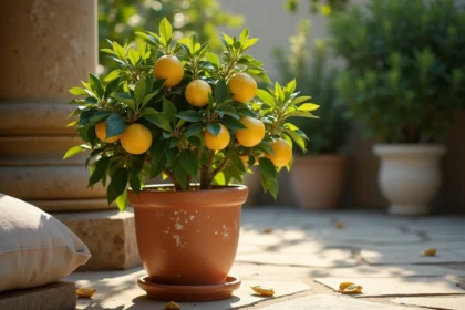 Citronnier en pot sur une terrasse avec des feuilles jaunissantes et tombées au sol