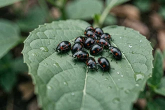 Groupe de coccinelles noires à points rouges sur une feuille de jardin avec gouttes d'eau en gros plan macro