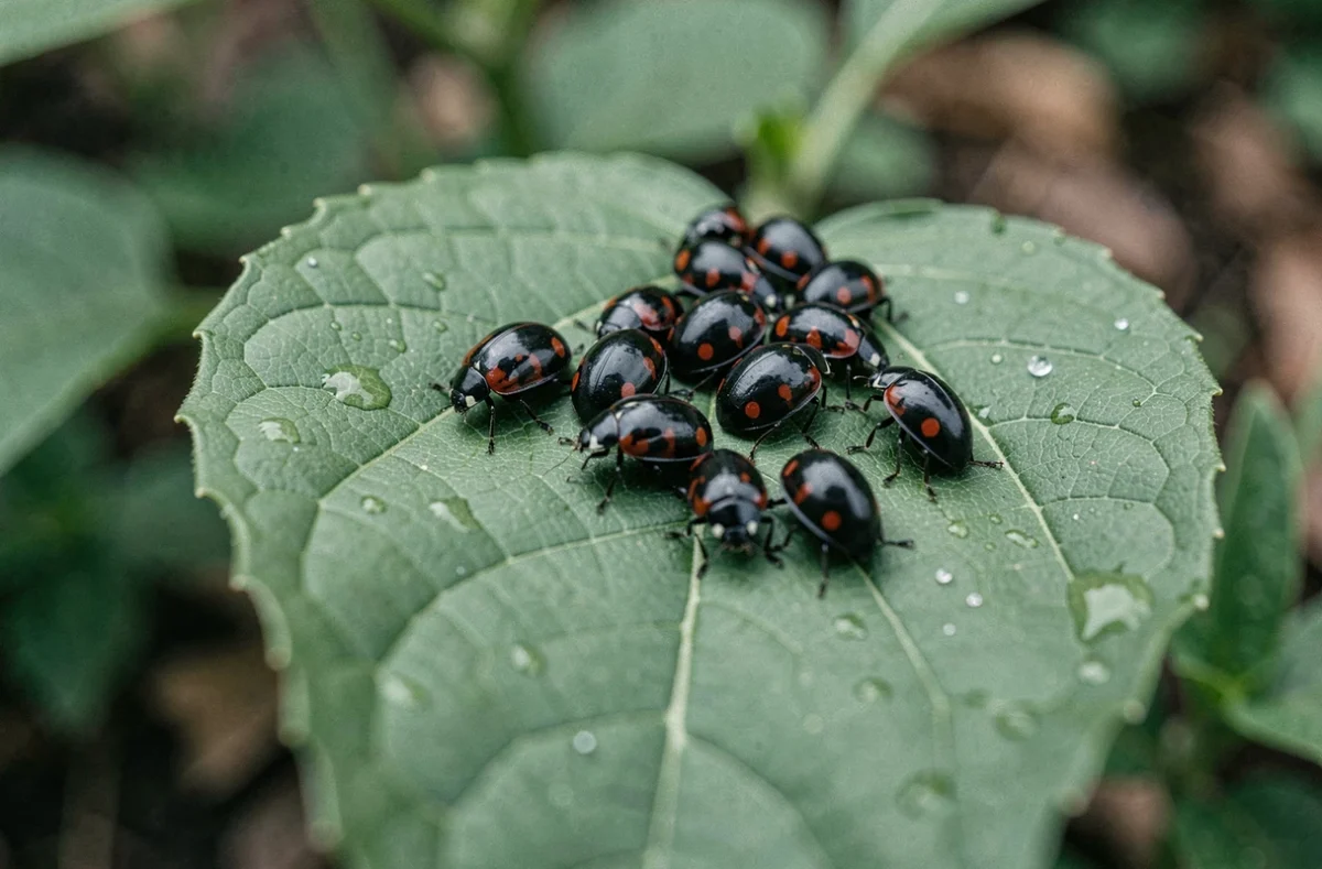 Groupe de coccinelles noires à points rouges sur une feuille de jardin avec gouttes d'eau en gros plan macro