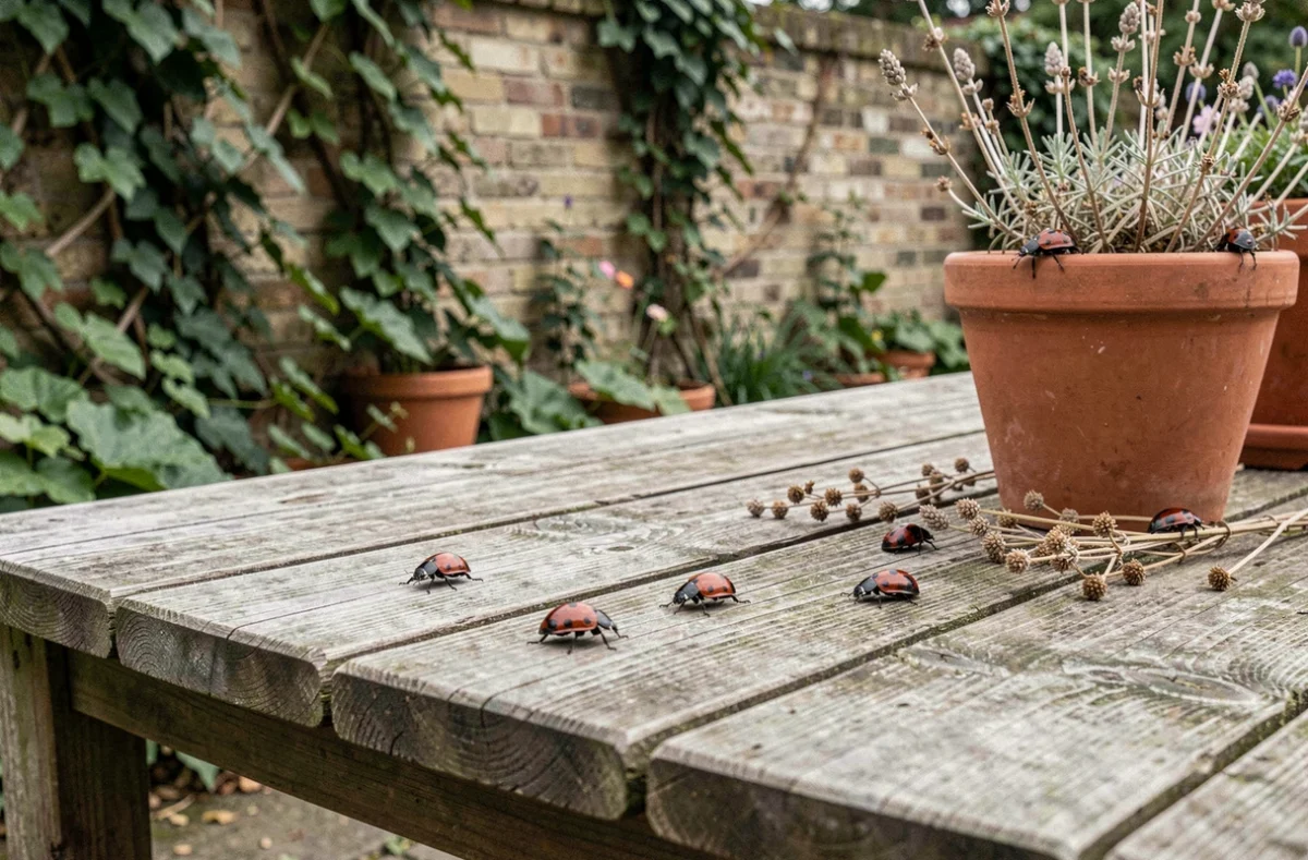 Coccinelles noires à points rouges sur une table en bois de jardin et des pots en terre cuite