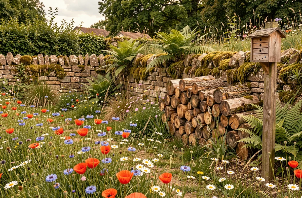 Jardin naturel et écologique de Cœur de Jardin en Île-de-France avec prairie fleurie sauvage, mur en pierres sèches et hôtel à insectes en bois